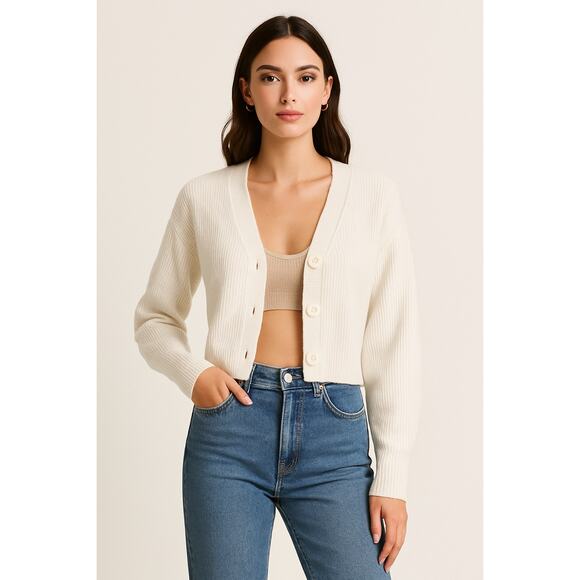 Minimalist White Ribbed Button-Up Cropped Cardigan Express Women’s Small - Picture 1 of 5